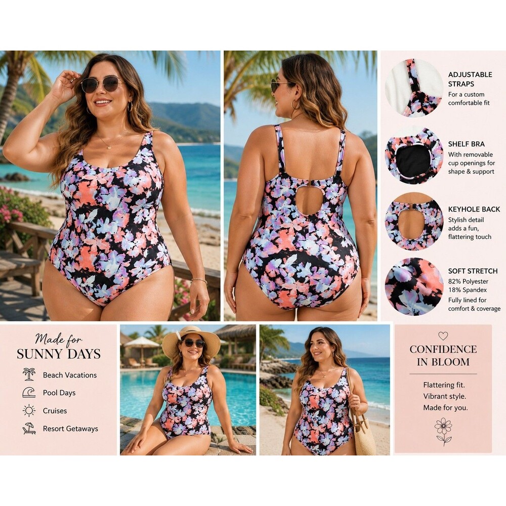 New Roatan Women 2X Floral One Piece Bathing Suit Swimsuit Tummy Control Keyhole
